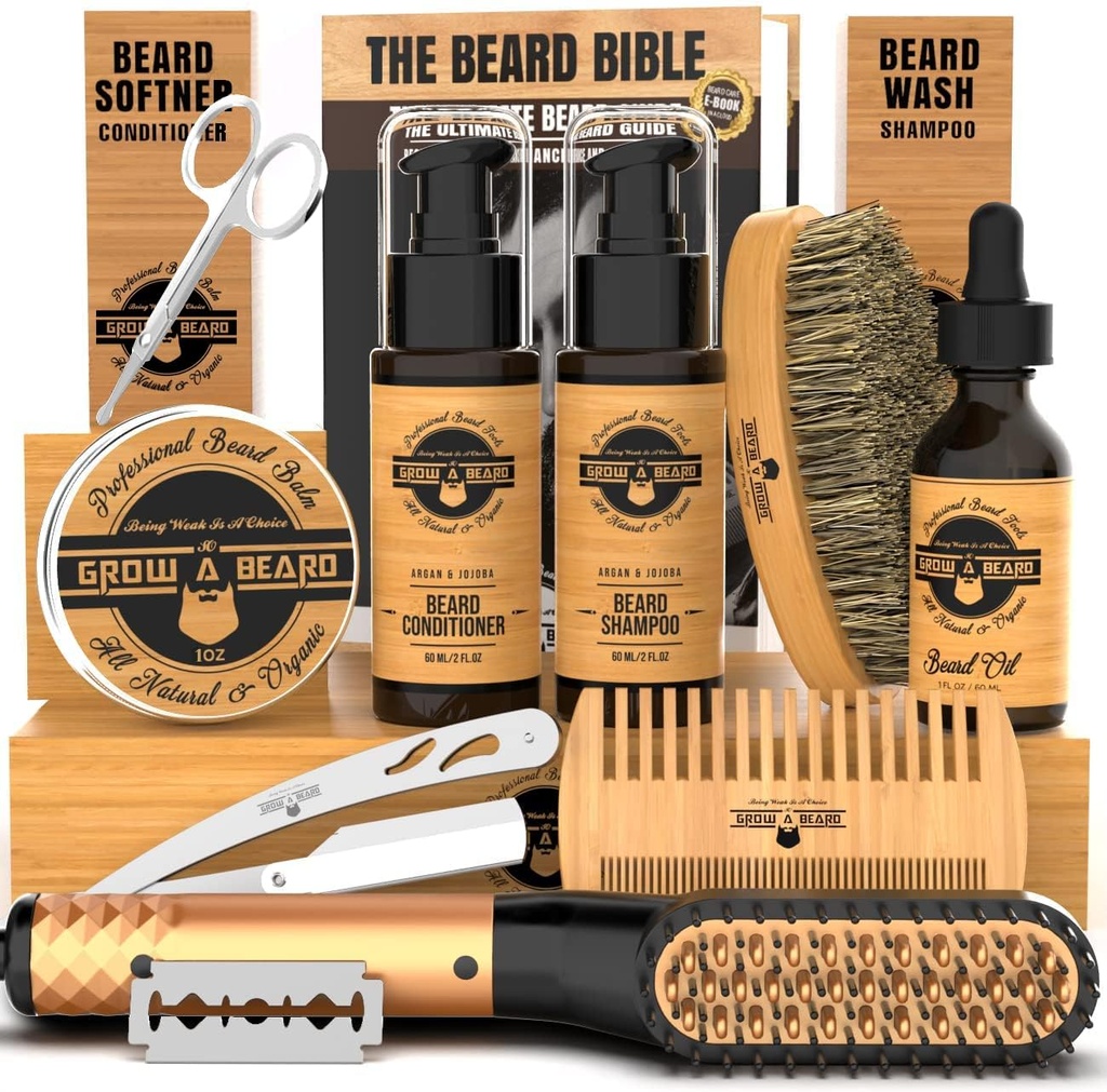 Beard Straightener Grooming Kit para Hombres, Beard Growth Kit, Wash, Brush & Comb, Unscented Growth Oil, All Natural Chanel Balm, Acondicionador, Razor & Tijeras, Great Gift Idea para Hombres (Bamboo)
