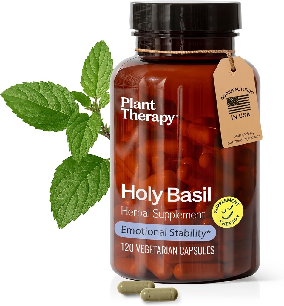 Terapia de plantas Capsulas de Basilio Santa Fabricado en EE.UU. 4 Mes Soportes de suministro Estabilidad Emocional, Modo Positivo, Combate Fatiga & Suplementos de Tensión Mental para Mujeres &amp; Hombre 120 Capsule Vegetariano