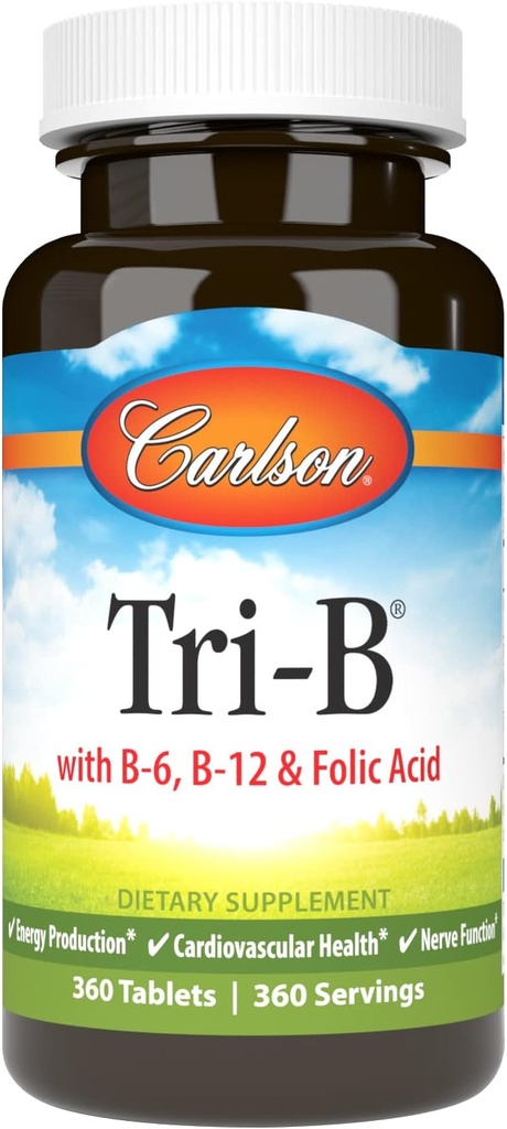 Carlson - Tri-B, Complejo de vitamina B, 25 mg Vitamina B-6, 400 mcg Vitamina B-12, Píldoras de energía ácido fólico, promover la salud cardiovascular, vitaminas complejas B, Suplemento B12, Complejo de vitamina B, 360 Tabletas