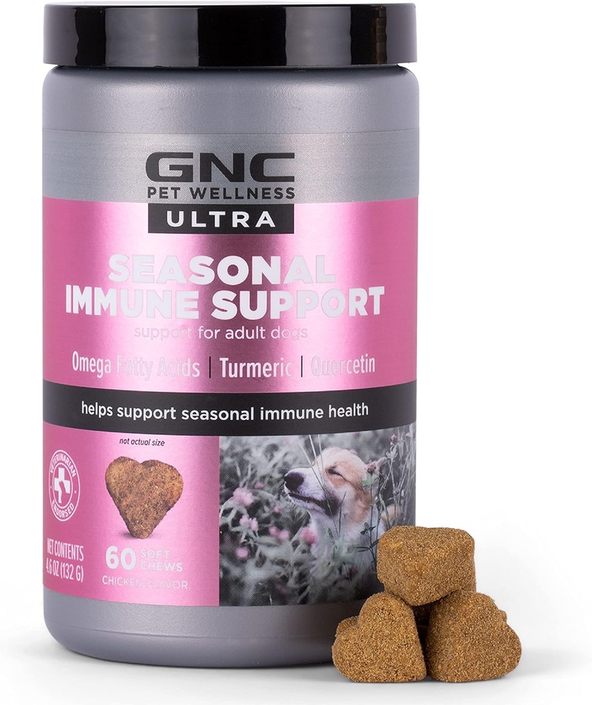 GNC Pets Ultra Seasonal Immune Support Soft Dog Chews in Chicken Flavor, Immune Booster for Dogs Incluye ácidos grasos Omega, turmérico y quercetina, 60 Conde
