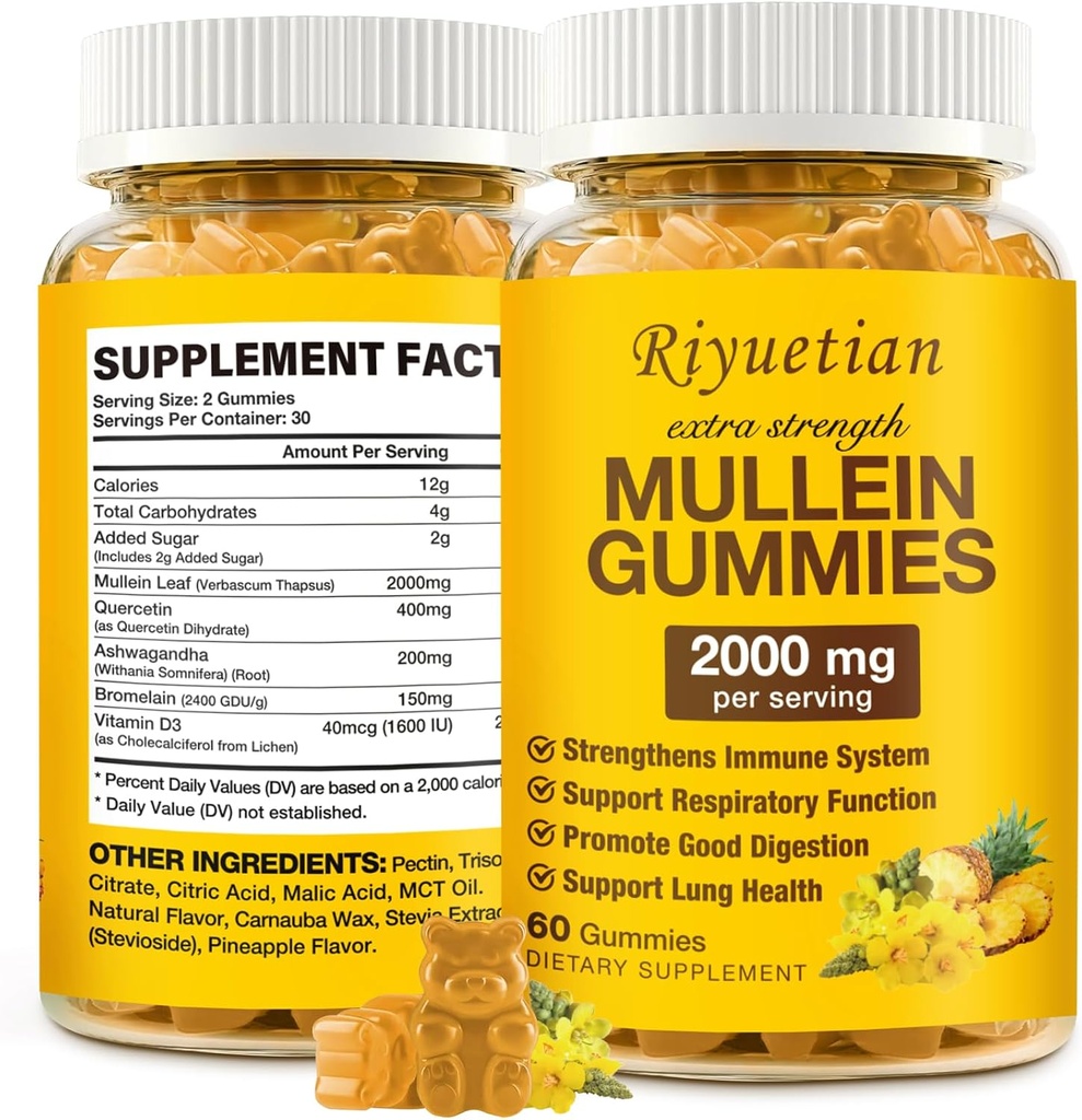 Mullein Gummies, 2000mg Orgánica Mullein Leaf Extract for Clear Lungs, Boost Respiratory " Digestive, Immune Booster for Adults " Kids, Allergy Friendly, Non-GMO, 60 Gummies