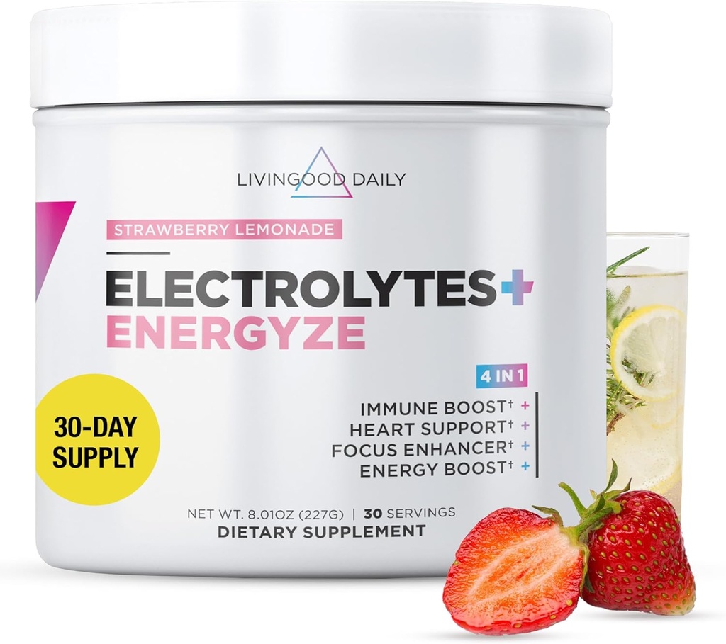 Livingood Daily Electrolytes Powder, Electrolytes Hydration Powder with Vitamin C, Taurine, D Ribose " FOS, Sugar Free Electrolyte Drink Mix, Keto, Gluten Free, Strawberry Lemonade, 30 Servings