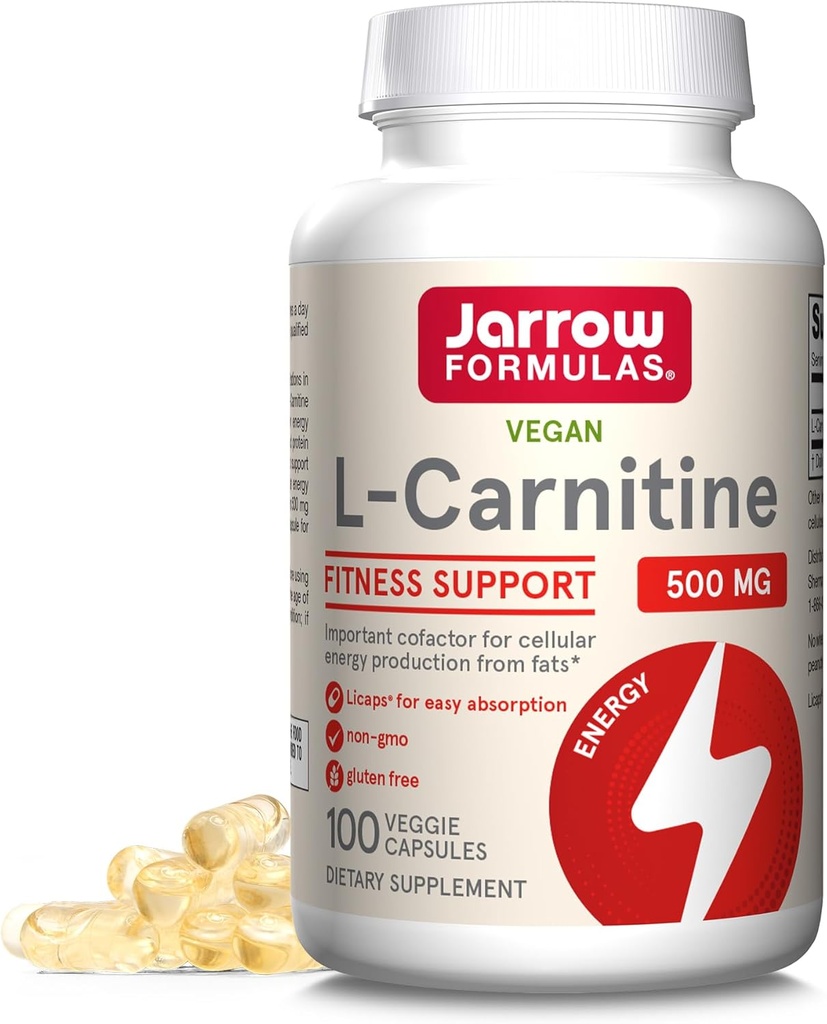 Jarrow Formulas L-Carnitine 500 mg - 100 Licaps Veggie - Importante Cofactor para la Producción Energética (ATP) de Fats - Vegan - Hasta 100 Servings