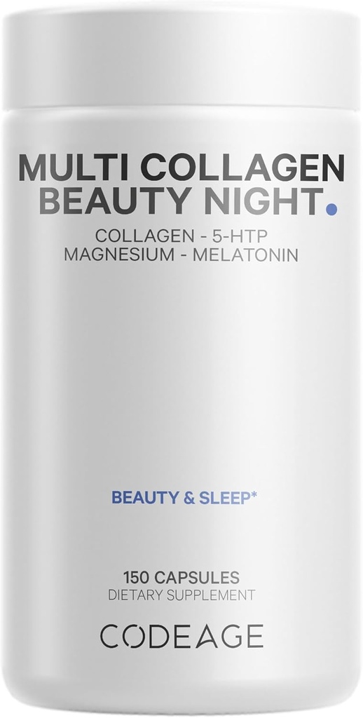 Codeage Multi Collagen Protein Beauty Night - Melatonin, Magnesium Bisglycinate, 5-HTP, L-Theanine, Inglés Lavender Flower, Bone Broth - Vitaminas - Suplemento - Sleep Pills - Non-GMO - 150 cápsulas