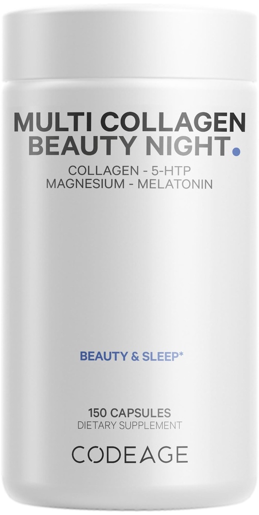 Codeage Multi Collagen Protein Beauty Night - Melatonin, Magnesium Bisglycinate, 5-HTP, L-Theanine, Inglés Lavender Flower, Bone Broth - Vitaminas - Suplemento - Sleep Pills - Non-GMO - 150 cápsulas