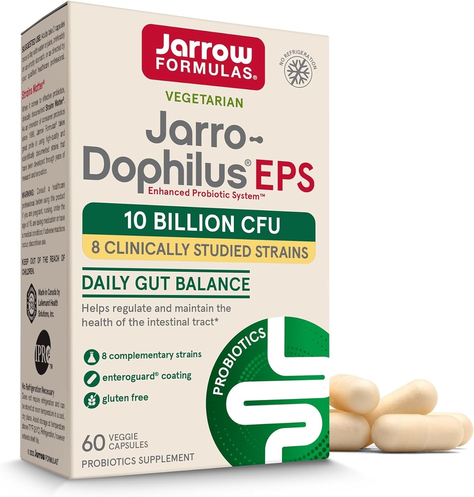 Jarrow Formulas Jarro-Dophilus EPS Probióticos 10 Billones CFU, Suplemento dietético para el apoyo al tracto intestinal, suplementos de salud de Gut para mujeres y hombres, 60 cápsulas de verduras, 30 días de suministro