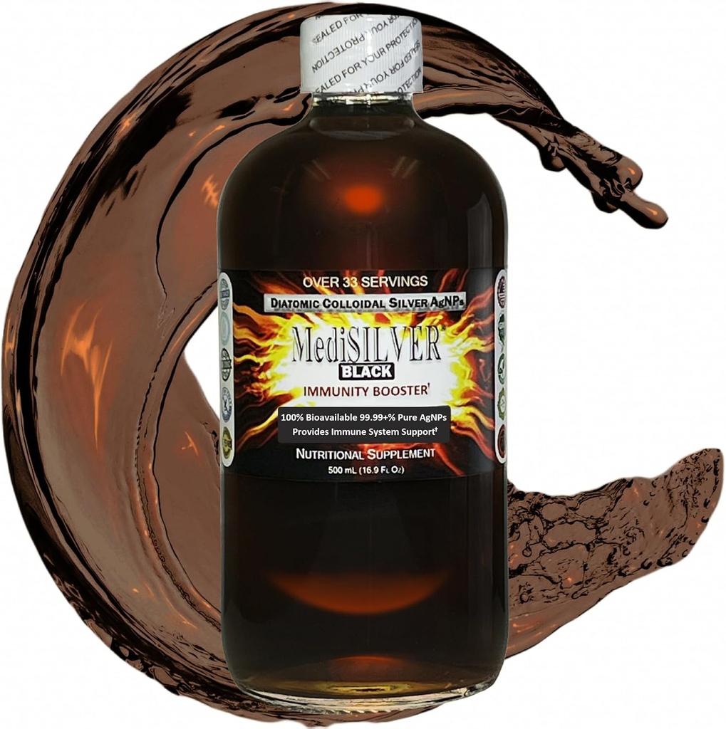 MediSILVER Black Immunity Booster Diatomic True Colloidal Silver AgNP Nutrient - 500 mL in Clear Glass Bottle