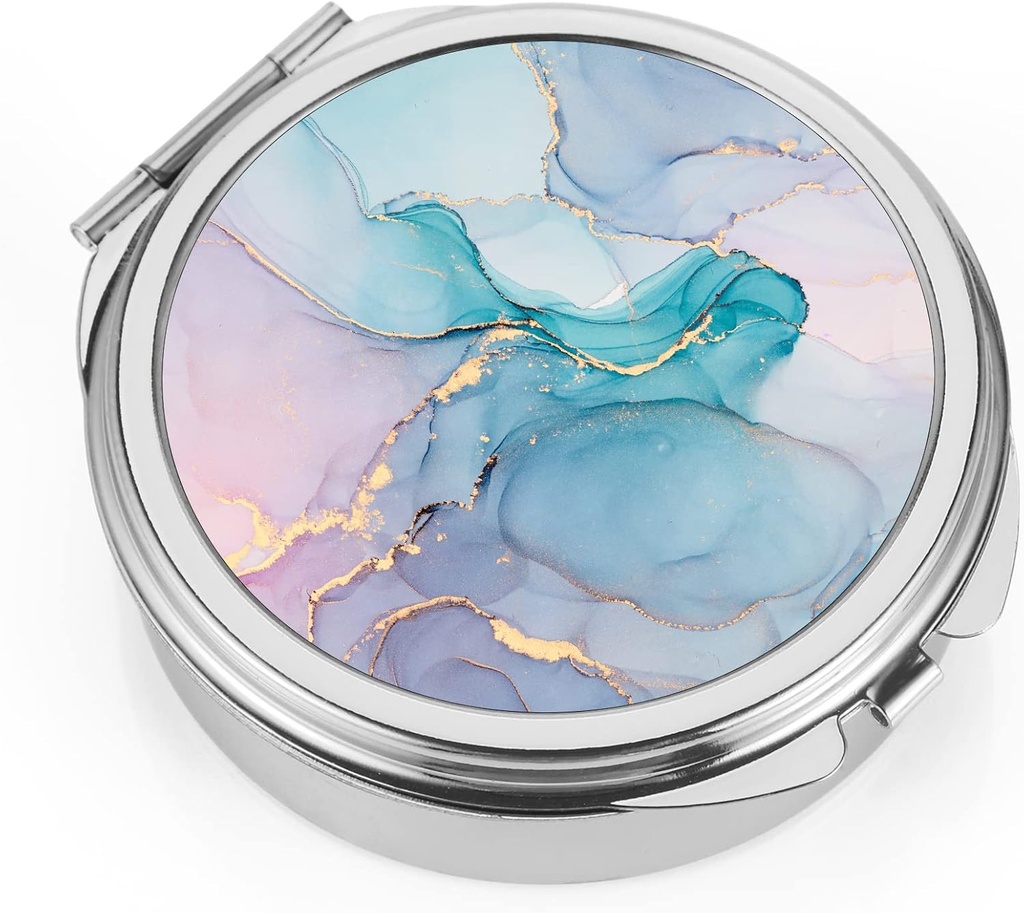 Caja de pill de Dynippy Pill Funda con boquilla de Espejo 3 Compartimiento Medicina Caso de Pill de Vitamina Organizador para Pocket Purse y Viaje (Round, Silver-Blue Marble)