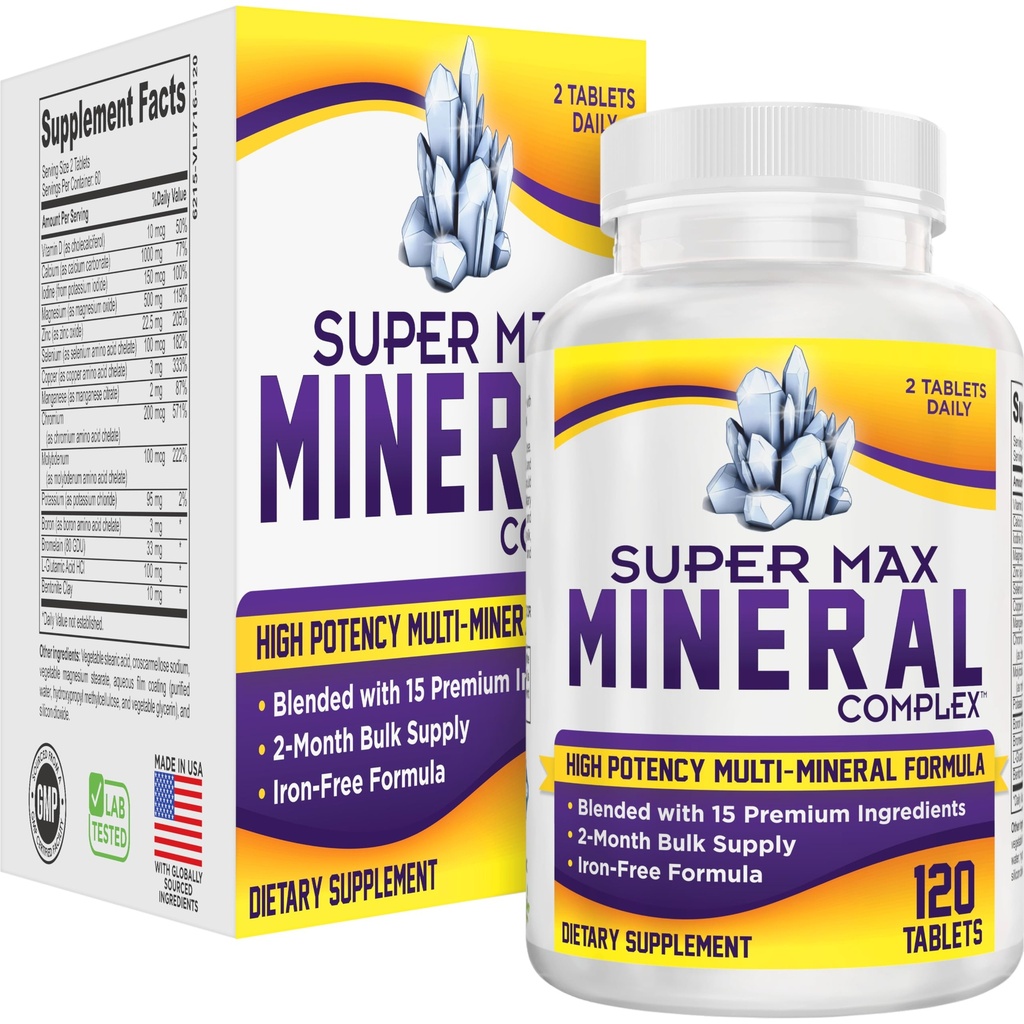 Suplemento multimineral de 2 meses (libre de hierro) Multiminerals naturales ← Suplementos minerales multifunción de alta potencia (15 en-1) Minerales degradados Fórmula  durable Complejo Mineral ← 60-Day Bulk Supply Ø 120 Tablets