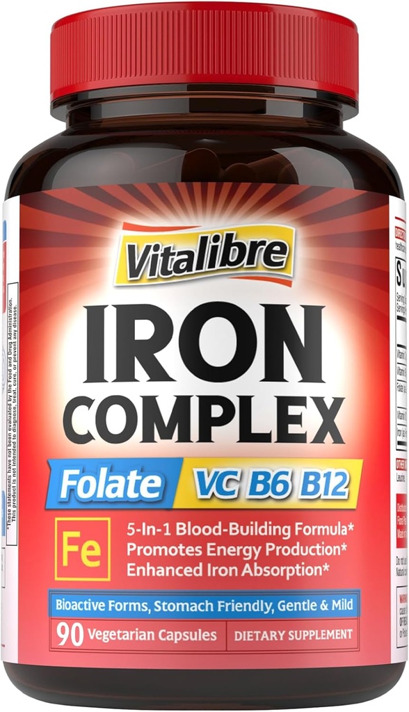 Suplemento de hierro para hombres y mujeres, con vitaminas C, B6, B12 &amp; Folate for Iron Deficiency, Blood Building " Energy Support, Stomach Friendly, Better Absorption, Non-GMO, No Gluten, 90 Vegan Caps