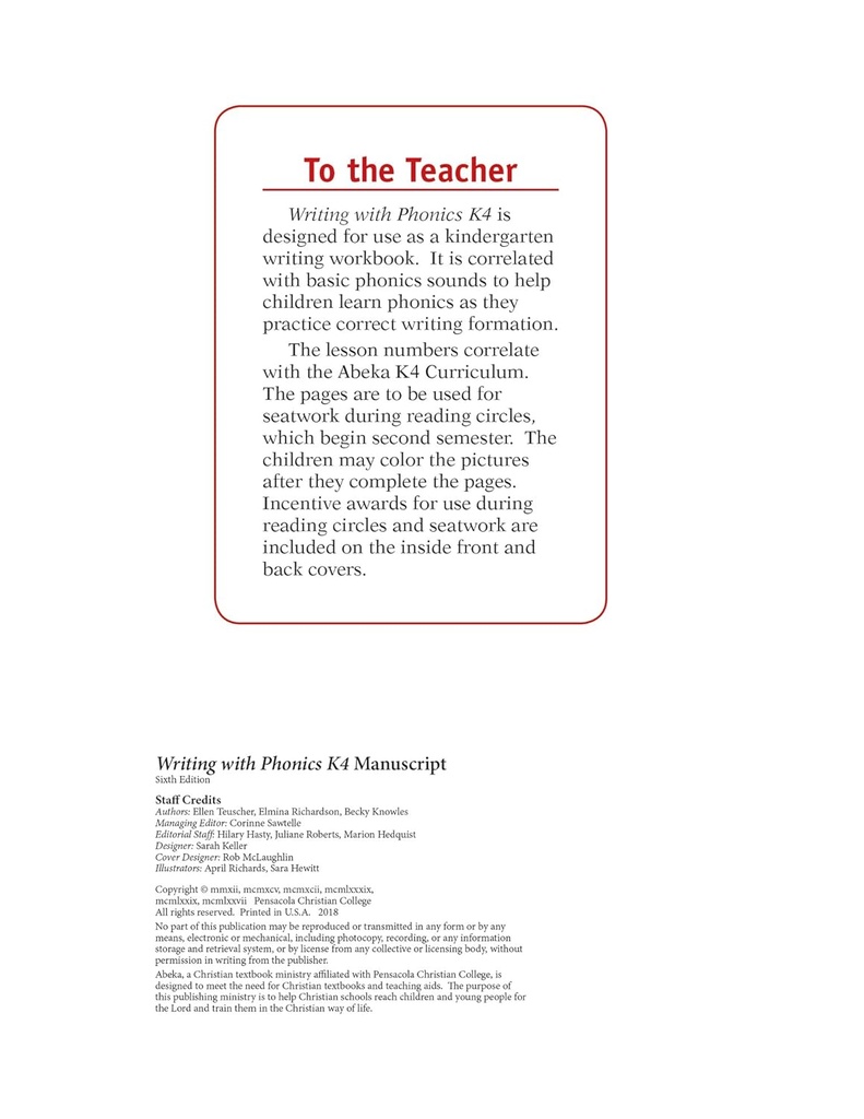 Escribir con Phonics K4 Manuscript - Abeka K4 4 Año Antiguo Kindergarten Manuscript Phonics Penmanship Student Work Book