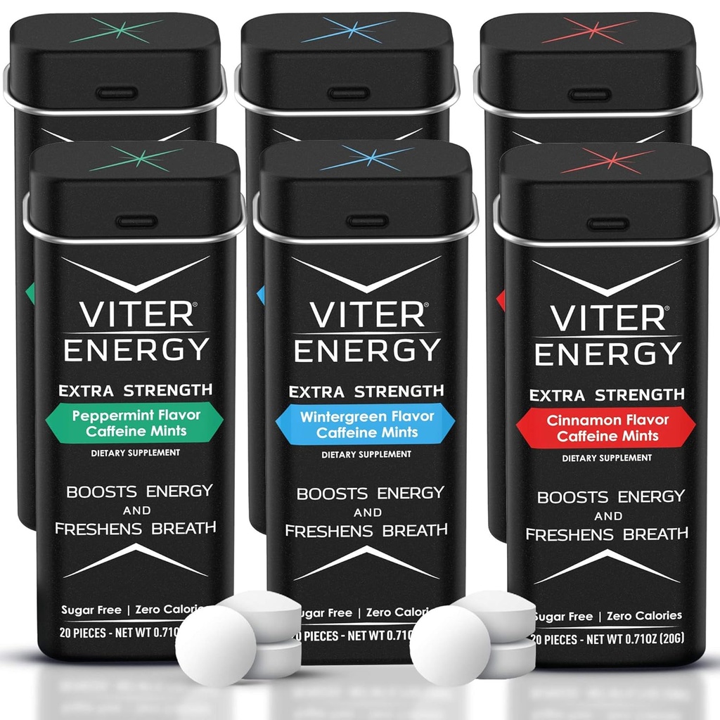 Viter Energy Extra Strength Caffeinated Mints 80mg Caffeine, B Vitaminas, Sugar Gratis. (Variety, 20pcs, 6 Pack)