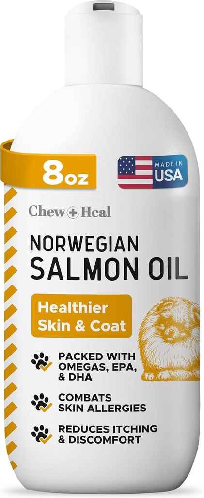 Aceite de salmón para perros - Aceite de pescado de primera calidad para la piel y la carne - Omega 3 Suplemento - Apoyo Esquí picante - 8 oz líquido - Aceite de salmón de perro noruego - Suplemento de perro esencial