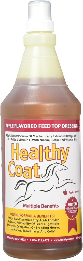 HealthyCoat Horse Supplement 32 oz – All-Natural Omega 3 &amp; 6 Feed Top-Dress for Shiny Coat, Healthy Skin, Hooves & Joints – Fortified with Biotin, B12, Lecithin &amp; Vitamin E – Apple Flavor