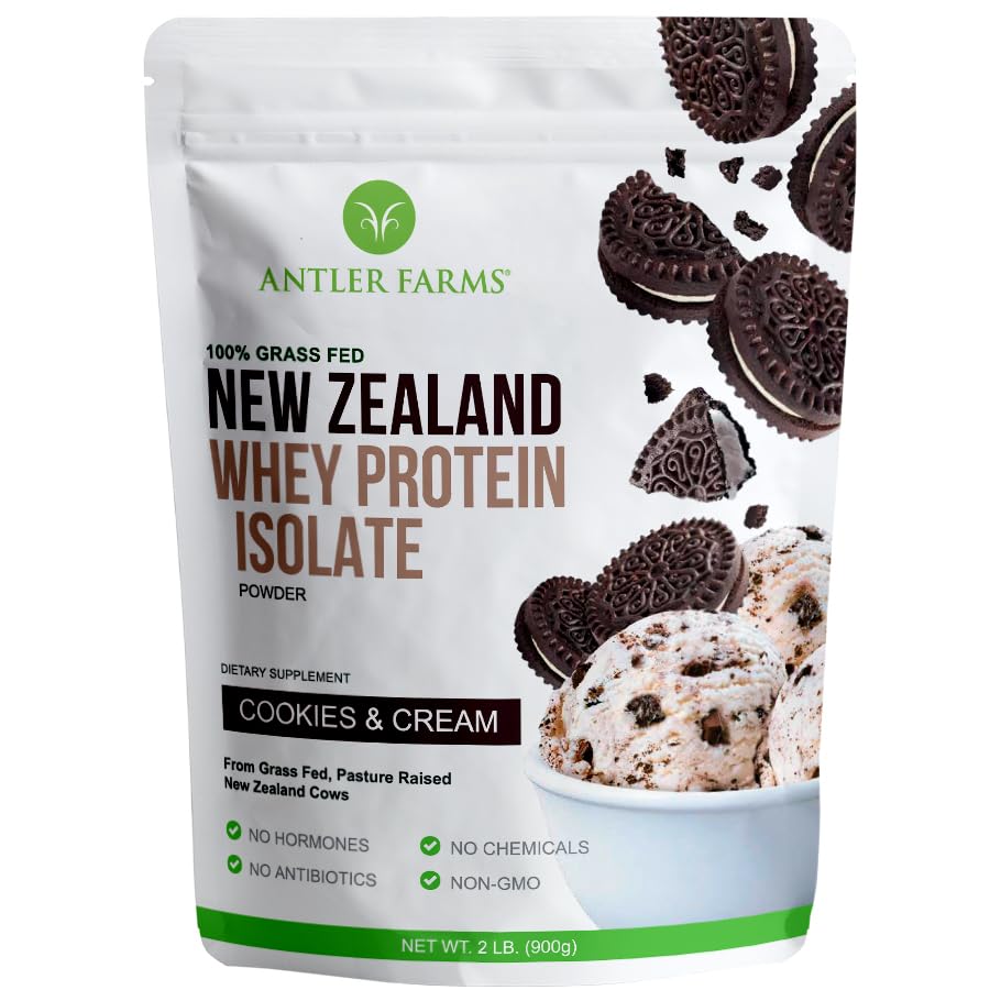 Antler Farms - 100% Grass Fed New Zealand Whey Protein Isolate, Cookies &amp; Cream Flavor, 2 libras - Puro y Limpio, 5 ingredientes, procesado frío