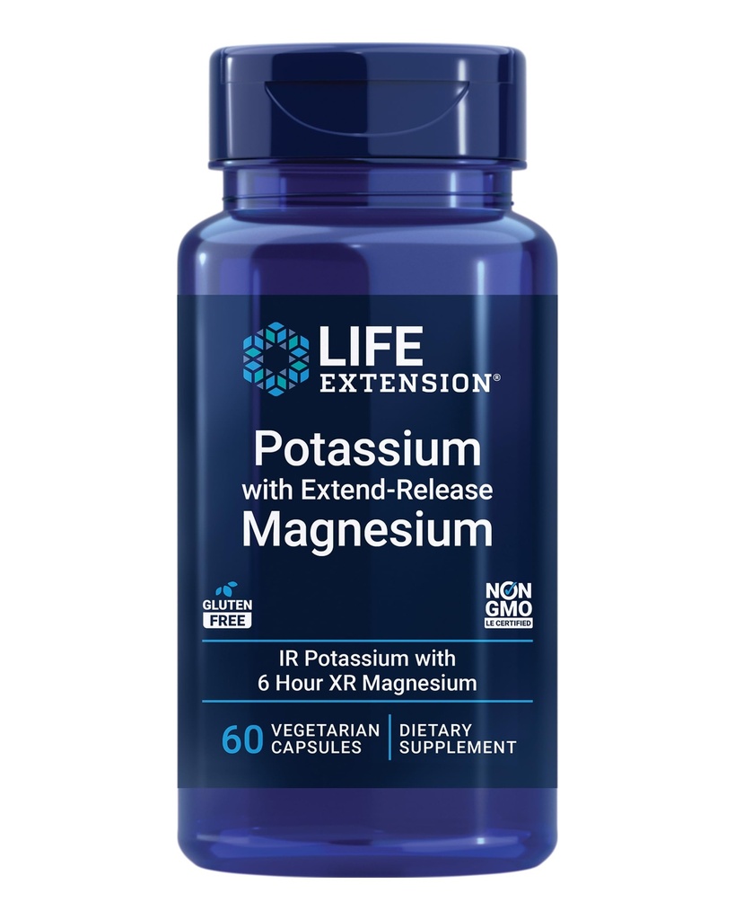 Extensión de la vida Potasio con Magnesio de liberación prolongada – Suplemento de salud cardíaca para el apoyo a la presión arterial con dos minerales esenciales – No GMO, vegetariano, sin gluten – 60 cápsulas