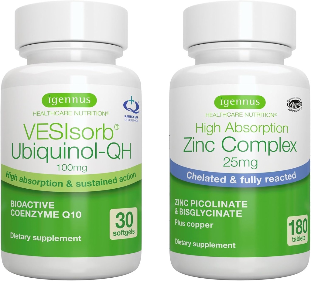 VESIsorb Ubiquinol-QH + Zinc Complex Bundle for Fertility, Fast-Acting Advanced CoQ10 100mg + 25mg Chelated Zinc, por Igennus