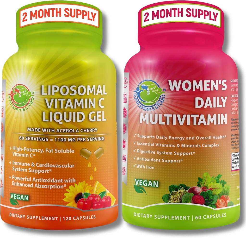 Immune Support Bundle – Liposomal Vitamina C 1100mg Líquido Gel Capsules con Acerola orgánica Cherry &amp; Mujer vegana Multivitamina diaria con hierro – no GMO, Clean Daily Wellness Support