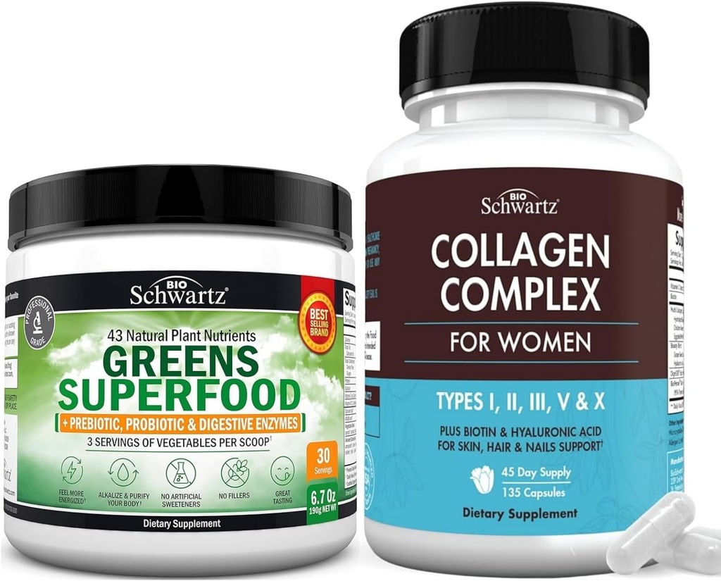Super Greens Powder con Probióticos Prebióticos y Enzymes Digestivos (30 Servimientos) Más Capsulas de Peptide de Collagen Hidrolyzed (45 Day Supply)