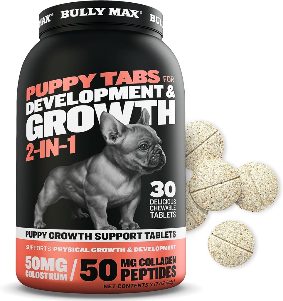 Bully Max 2-en-1 Puppy Vitaminas - 30 Chewable Tablets for Development and Growth of Puppies - Dog Treats, Vitamin &amp; Supplements for Small Dogs & Large Breed Growing Pups - Se puede utilizar como Food Topper