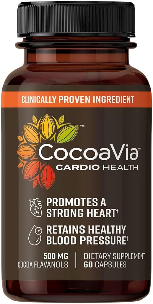 CocoaVia Cardio Health Supplement, 30 Day, 500mg Cocoa Flavanols, Support Heart Health, Boost Nitric Oxide, Blood Circulation, Energy, Vegan, Dark Chocolate, 60 cápsulas