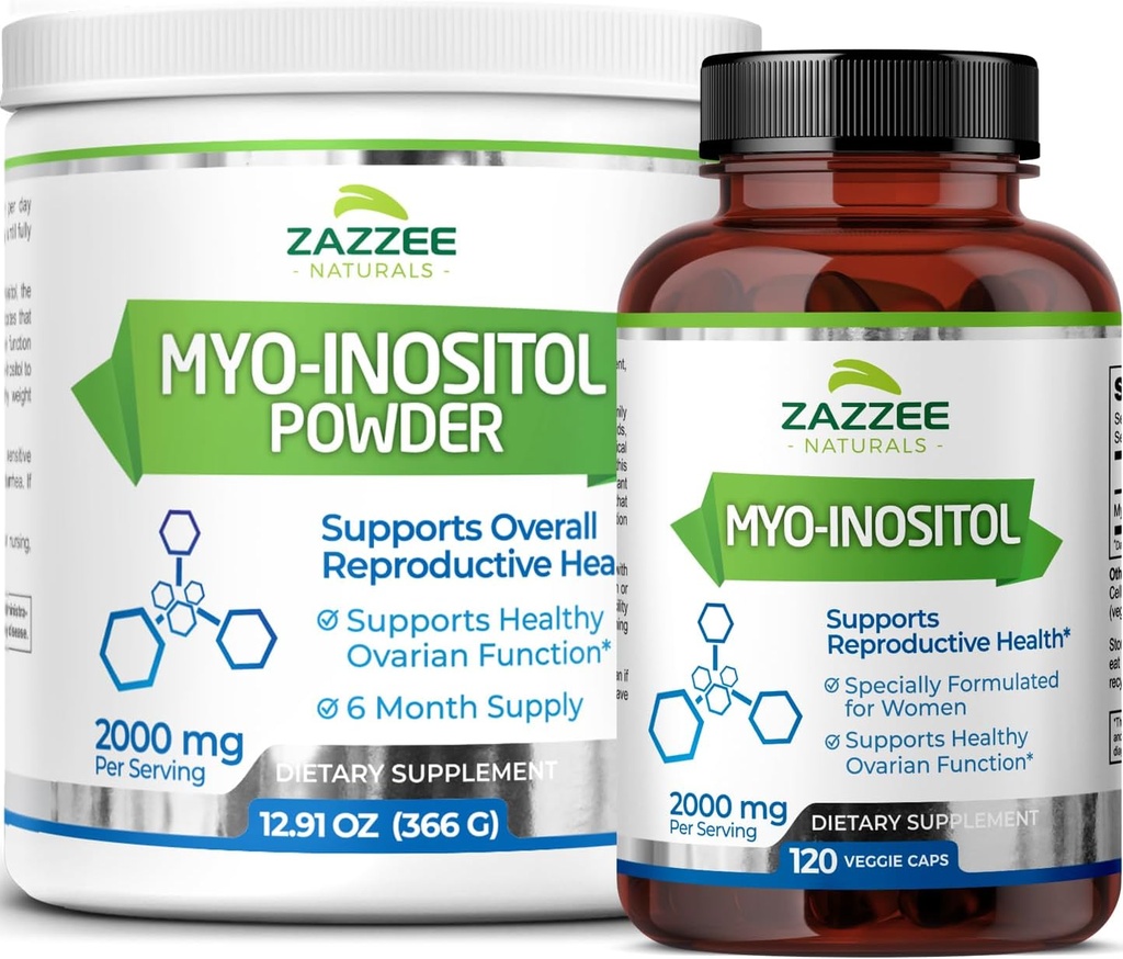 Zazzee Myo-Inositol Capsules y Myo-Inositol Powder, 100% Puro, Premium Grado, Vegan, No GMO y Todo Natural