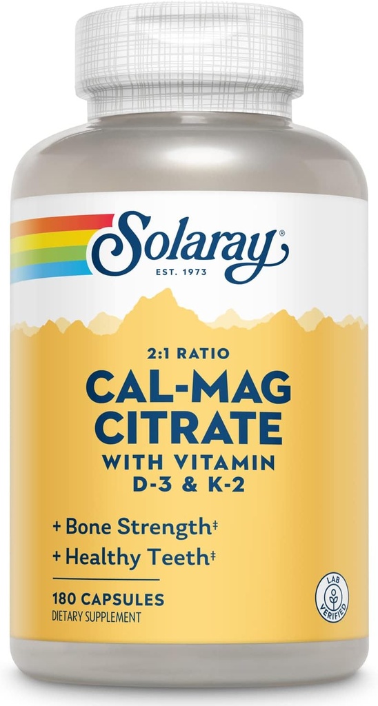 SOLARAY Calcio Magnesio Citrate w/Vitamin D3 K2 - Suplementos de Calcio para Mujeres y Hombres - Bone and Heart Health Support - Cal Mag 2:1 Ratio, Plus Vitamina D 3 y K2, Garantía de 60 días, 30 Servimientos
