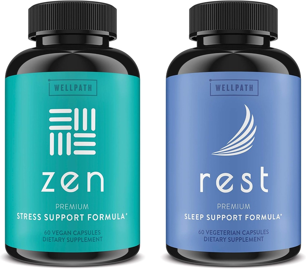 WellPath Zen Mood Support + Rest Valerian Root Sleep Aid Suplementos 2 Pack - Ultimate Combination for Calm Mood, Energy & Natural Sleep Support - L-Theanine &amp; Other Natural Ingredients - 60 Cts Cada uno