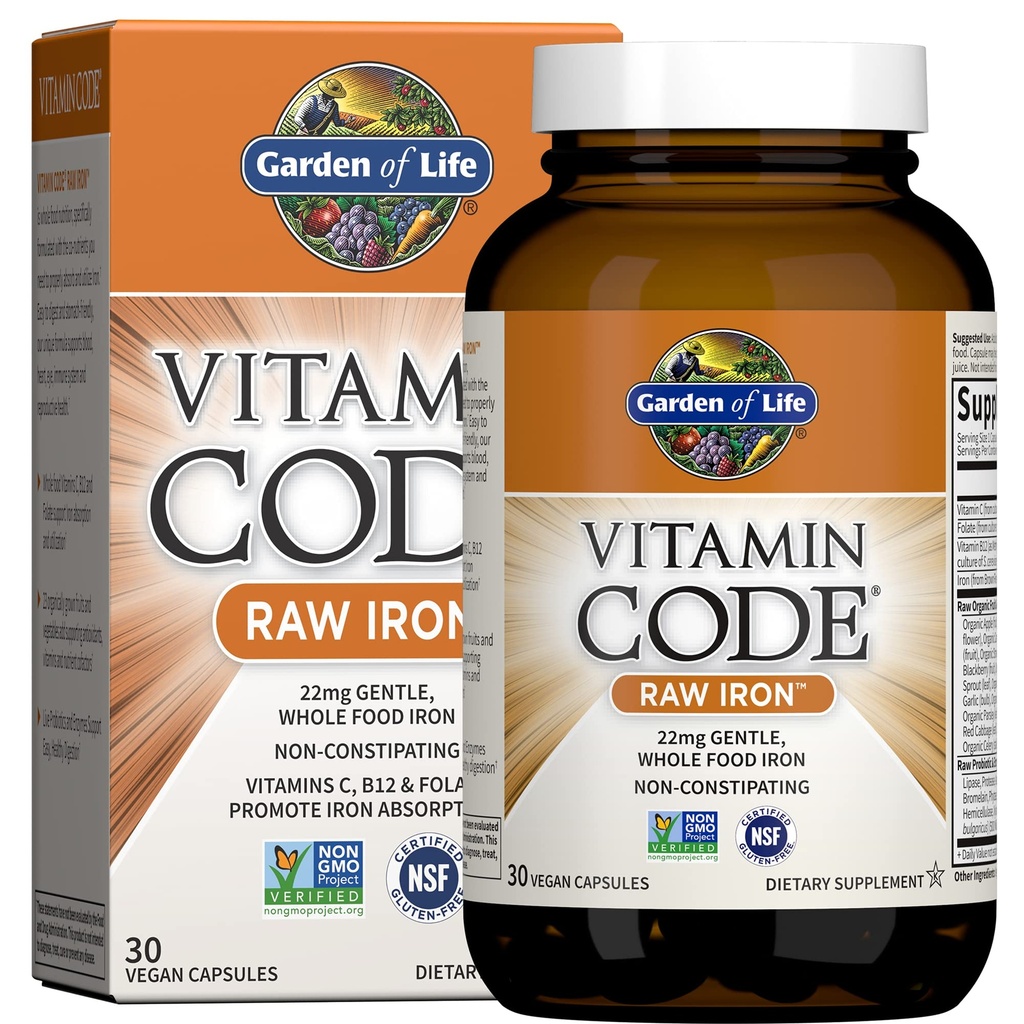 Garden of Life Vitamin Code Raw Iron Supplement - 30 Vegan Capsules, 22mg Once Daily Iron, Vitamins C, B12, Folate, Fruit, Veggies & Probiotics, Iron Supplements for Women, Energy &amp; Anemia Support