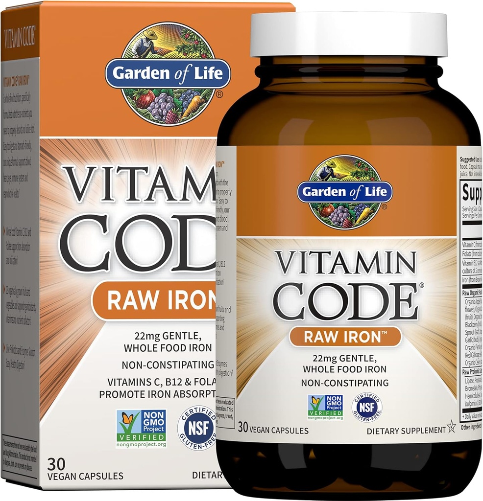 Garden of Life Vitamin Code Raw Iron Supplement - 30 Vegan Capsules, 22mg Once Daily Iron, Vitamins C, B12, Folate, Fruit, Veggies & Probiotics, Iron Supplements for Women, Energy &amp; Anemia Support