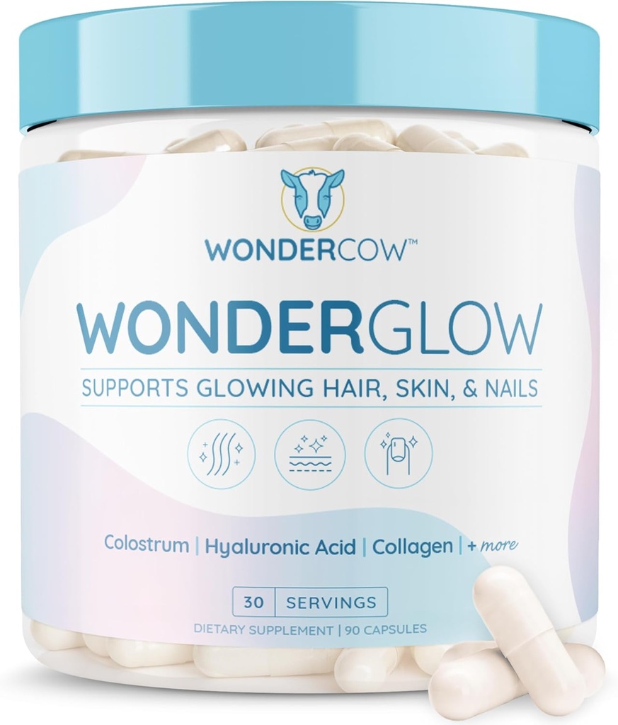 WONDERCOW Hair Skin and Nails Vitaminas w/Bovine Colostrum, Collagen, Hyaluronic Acid, Biotin, Zinc, " Lactoferrin┃Supports Faster Hair Growth, Stronger Nails and Glowing Skin (30 Servings, Capsule)