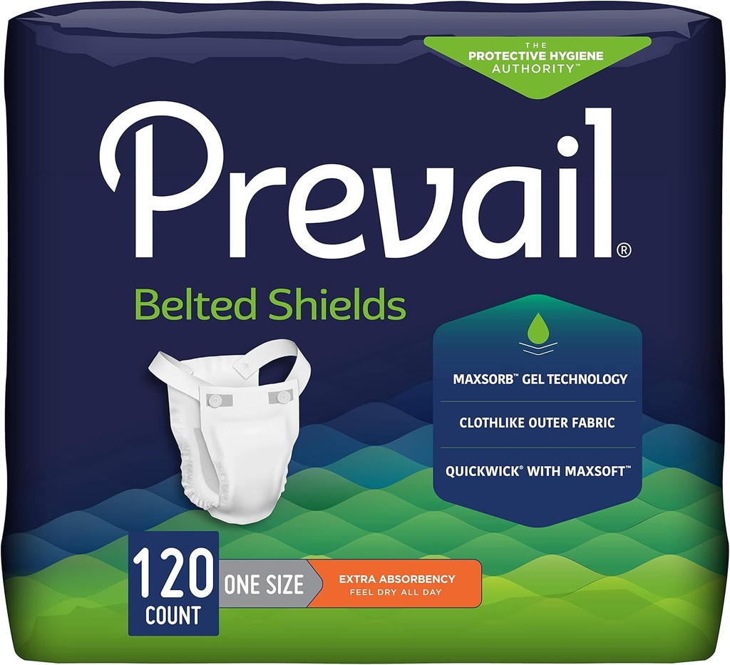 Prevail Incontinence Unisex Escudo corregido, Escudo desechable de adultos corregido para hombres &amp; mujeres - Absorbencia Extra - 120 Conde (4 paquetes de 30)