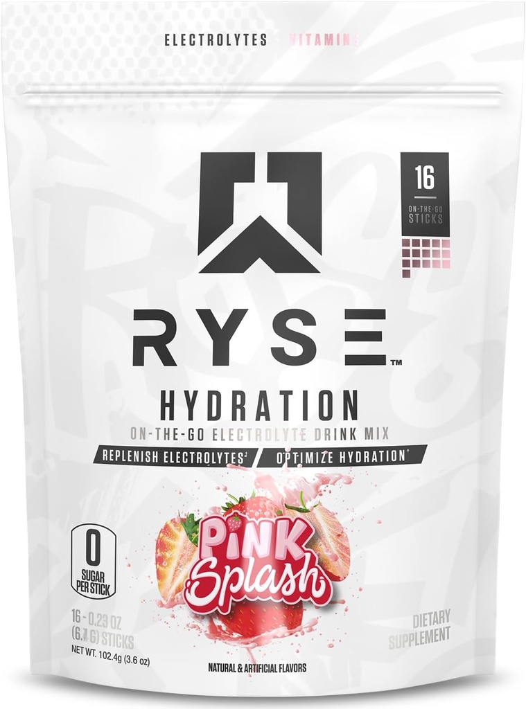 RYSE Hydration Electrolyte Powder Drink Mix Packets - Pink Splash - Electrolitos de espectro completo sin azúcar con vitaminas esenciales, Taurina y Choline para la rehidratación - 16 palos de servicio