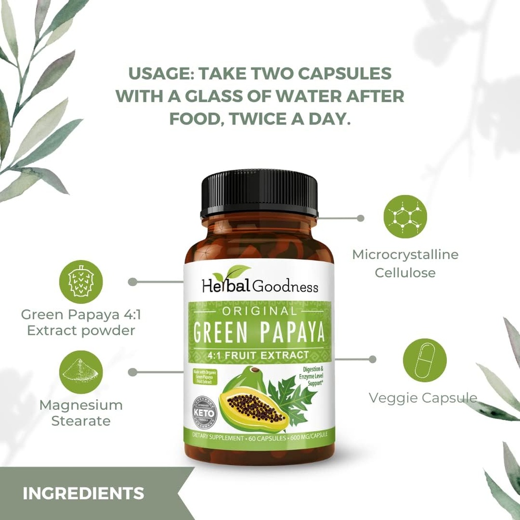 Green Papaya Capsules 4X Strength, Orgánica Papaya Leaf & Fruit Extract for Platelets, Salud Digestiva, Enzymes, Probióticos, Antioxidantes – 600mg, 60 cápsulas, Caso de 12 – Bienal Herbario