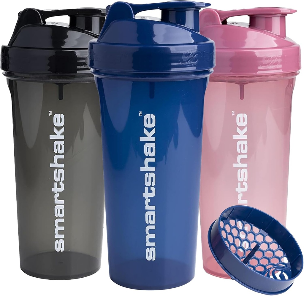 Smartshake Glossy 3-Pack Lite Protein Shaker Bottle 800 ml | 27 oz - Leakproof Screw-on Lid - BPA Free – Unisex - (Black, Deep Rose, Navy Blue)