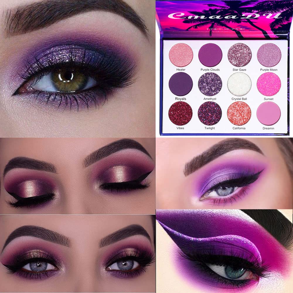 BINGBRUSH 12 Colores Glitter Púrpura Rosa maquillaje barato Palette,Bright High Pigmented Metallic Shimmer Rainbow Colorful Presionado Eye maquillaje conjunto para niñas
