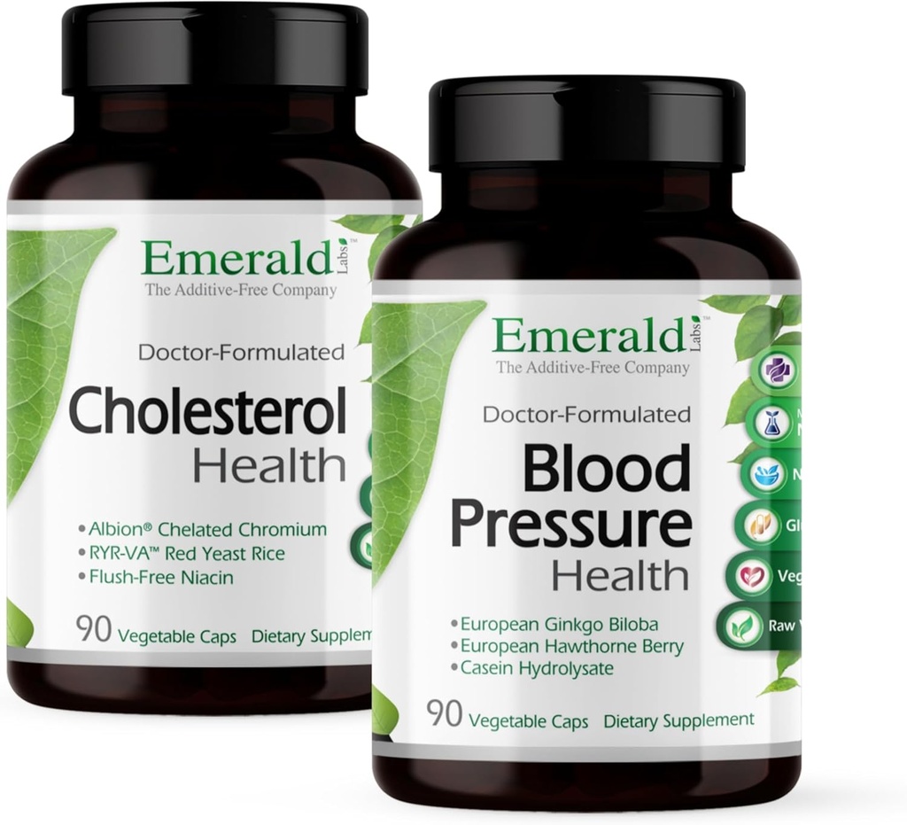 EMERALD LABS Cholesterol Health (90 Caps) " Blood Pressure Health (90 Caps) - Support Heart " Circulatory System - Support Blood Pressure Levels in a Normal Range - Gluten-Free - 30-Day Supply