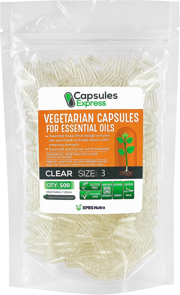 XPRS Nutra Size 3 Empty Vegan Capsules - 500 Contar cápsulas de verduras claras para aceites más esenciales - Píldoras vegetales vacías - relleno de aceite DIY