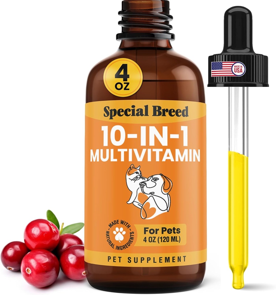 Multivitamina líquido de 10 en-1 para perros y gatos, 4 suplemento de vitamina multi onza, vitamina para perros, vitaminas para gatos, con arándanos de Glucosamina, 4 oz