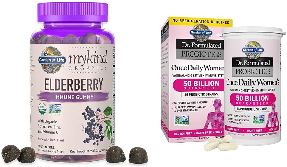 Garden of Life Organics Elderberry Gummies for Adults &amp; Kids - Immune Support Supplement with Organic Fruit " , Dr. Formulated Women's Probiotics Once Daily, 16 Strains, 50 Billion, 30 Capsules