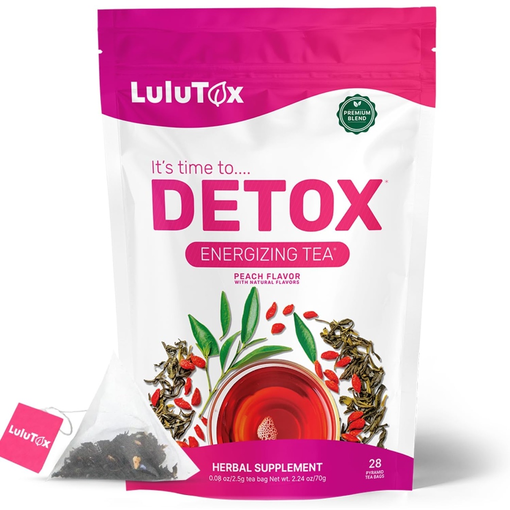 LULUTOX Detox Tea - Adelgazamiento de té con Dandelion y Ginseng para los objetivos de apoyo para la limpieza de la desintoxicación, el vientre plano, la hinchazón, el peso saludable y la salud digestiva - Mujeres Hombres - Peach Flavor (28 Servimientos)