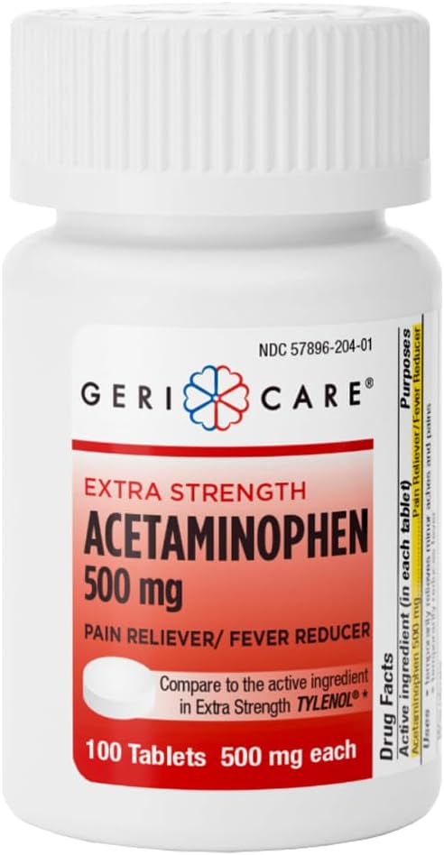 GeriCare Extra Strength Acetaminophen Pain Relief Fever Reducer Tablets, Strength 500mg Tablet | Joint, Muscle, Arthritis, Back Pain Relief 100 Count (Pack of 1)