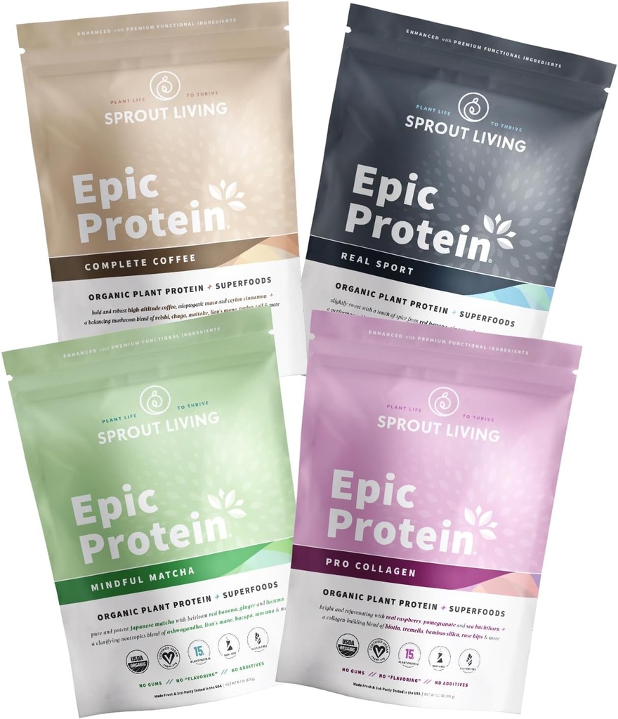 Sprout Living, Epic Protein Pro Collagen, Mindful Matcha, Real Sport and Complete Coffee, 12 Servings