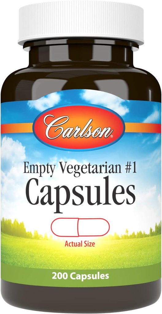 Carlson - Vacío Vegetariano #1 Capsules de tamaño medio, Fácil de separar &amp; Rellenar, con botella de casquillo de tornillo, 200 cápsulas