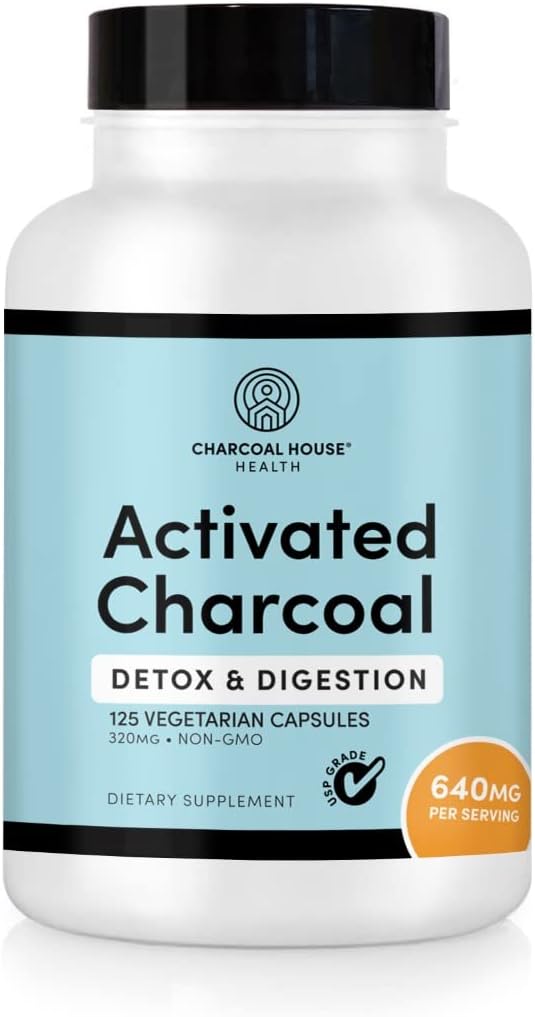 Charcoal House Activated Charcoal Capsules for Adults Ø Natural, Vegan, Non-GMO & Gluten Gratis ← USP Charcoal Pills for Stomach Cleanse, Healthy Digestion, Gas &amp; Nausea ← USP Medical Grade Ø 125 ct.