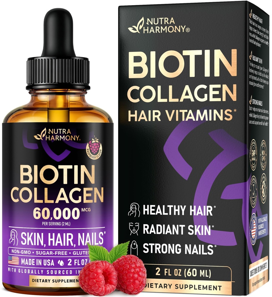 Biotina líquida &amp; colágeno - Vitaminas para el crecimiento del cabello Apoyo para Mujeres &amp; Hombre - Extra Strength 60000 mcg gotas - B7 Suplemento - fuertes uñas &amp; piel sana - 98% Absorción más rápida que píldoras