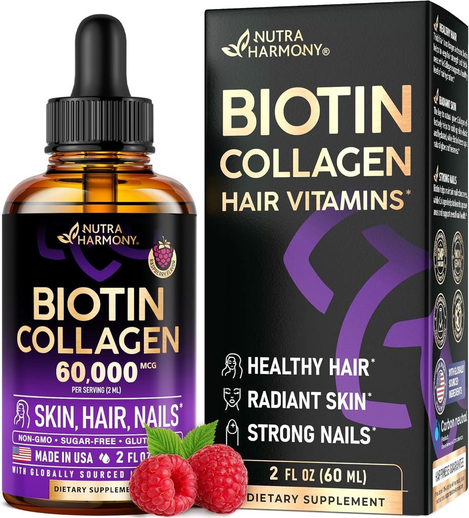 Biotina líquida &amp; colágeno - Vitaminas para el crecimiento del cabello Apoyo para Mujeres &amp; Hombre - Extra Strength 60000 mcg gotas - B7 Suplemento - fuertes uñas &amp; piel sana - 98% Absorción más rápida que píldoras