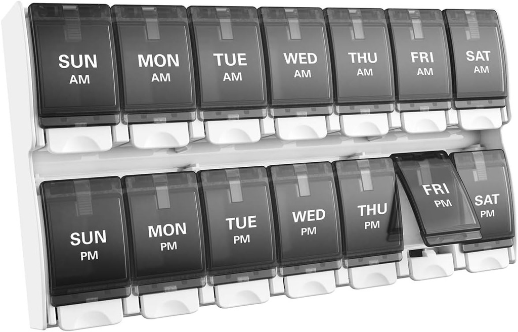 Sukuos Organizador semanal de 7 días de píldoras, 2 veces una caja de píldoras del día (AM PM), organizador de medicina para el aceite/suplementos de vitamina/Fish, botón de empuje amigable de la artritis, fácil de limpiar