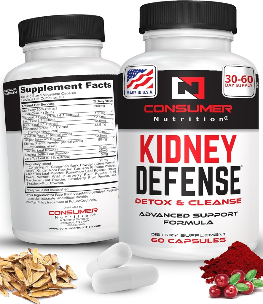 Kidney Detox " Cleanse Capsules- with Cranberry Extract, Astragalus Root, " More for Urinary Tract, Kidney Defense Supplement - 60 Capsules