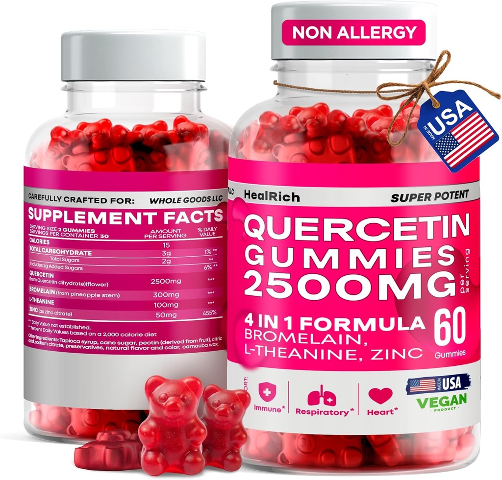 Quercetin Gummies - 2500MG Quercetin with Bromelain L-theanine " Zinc - Suplemento Puro para el Sistema Inmune Pulido y Alivios - Immunity Booster Vegan Suplementos para Adultos Niños - Hecho en EE.UU.